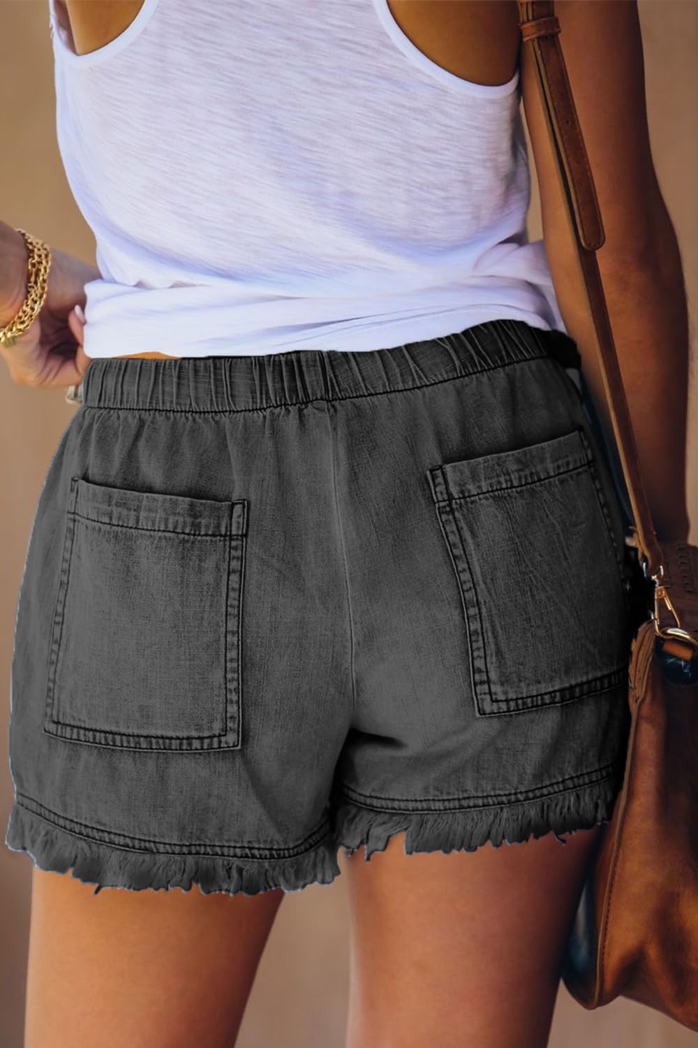 HVEPUO Short d'été, large, pour femmes, en coton et lin, avec ceinture élastique