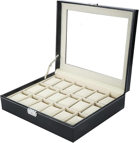 Miniatura 8 de NovelBee Cajas de reloj con 18 ranuras para relojes, organizador de joyas con cojines extraíbles, vidrio enmarcado y cierre seguro para