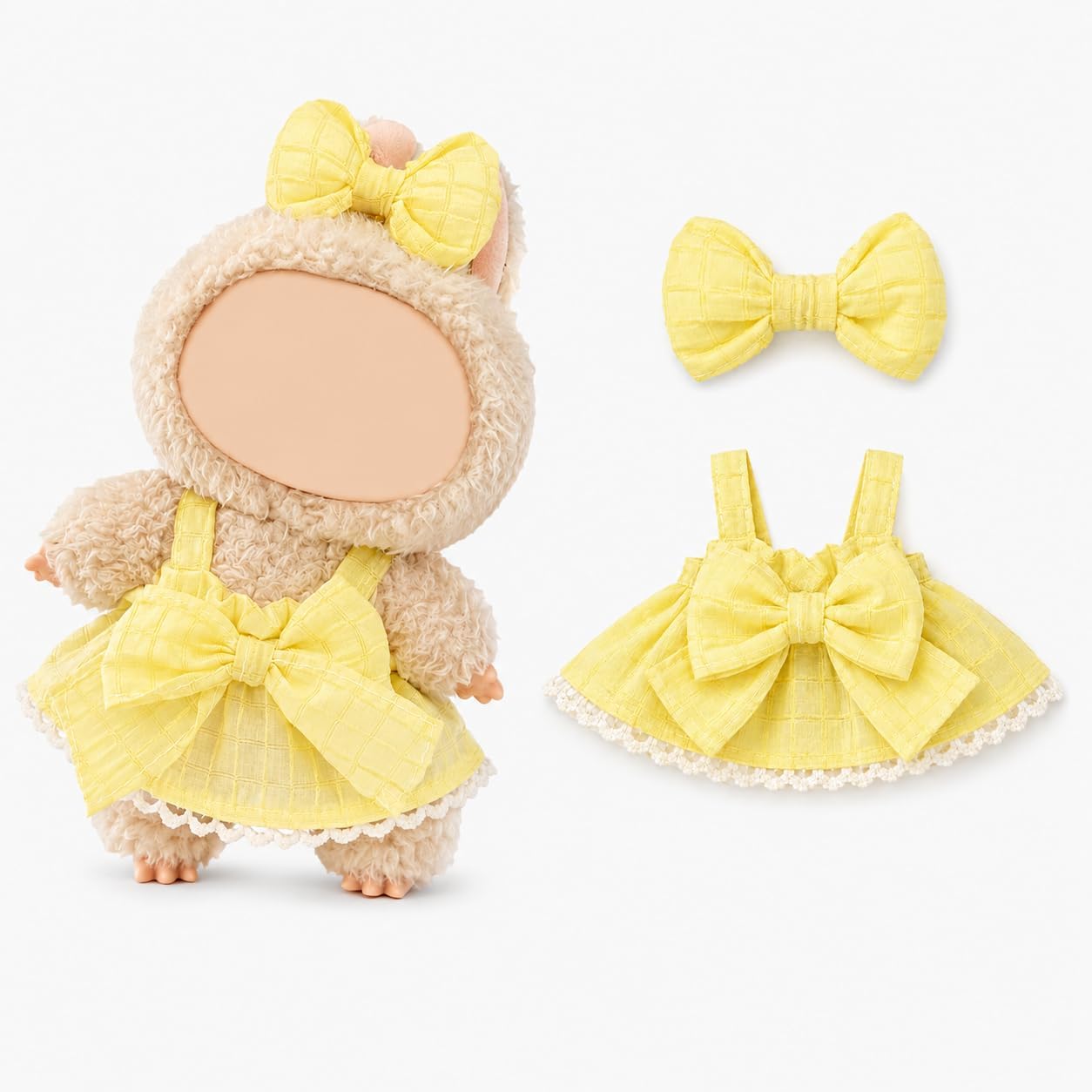 Doll Clothes Set for 17cm Doll - Cute Yellow Textured Dress with Large Bow and Lace Trim, Princess Outfit with Bow Knot Headband for 6.7 inch Plush Dolls, Kawaii Toy Accessories (No Doll)