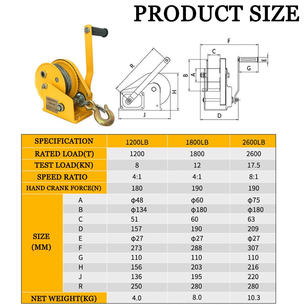 Handseilwinde, 816,5 kg, manuelle Seilwinde, Bootswinde mit 15 m Drahtseil und Haken aus Legierung, ideal für 300 kg Traglast, perfekt für Bootsanhänger und Abschleppen