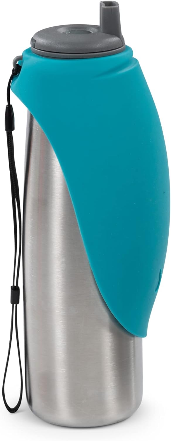 Messy Mutts Double Wall Vacuum Insulated Stainless Steel Travel Water Bottle with Silicone Flip Up Bowl | Pet Travel Necessity | Camping, Hiking, Walking Accessory | 20 oz / 600mL | Blue