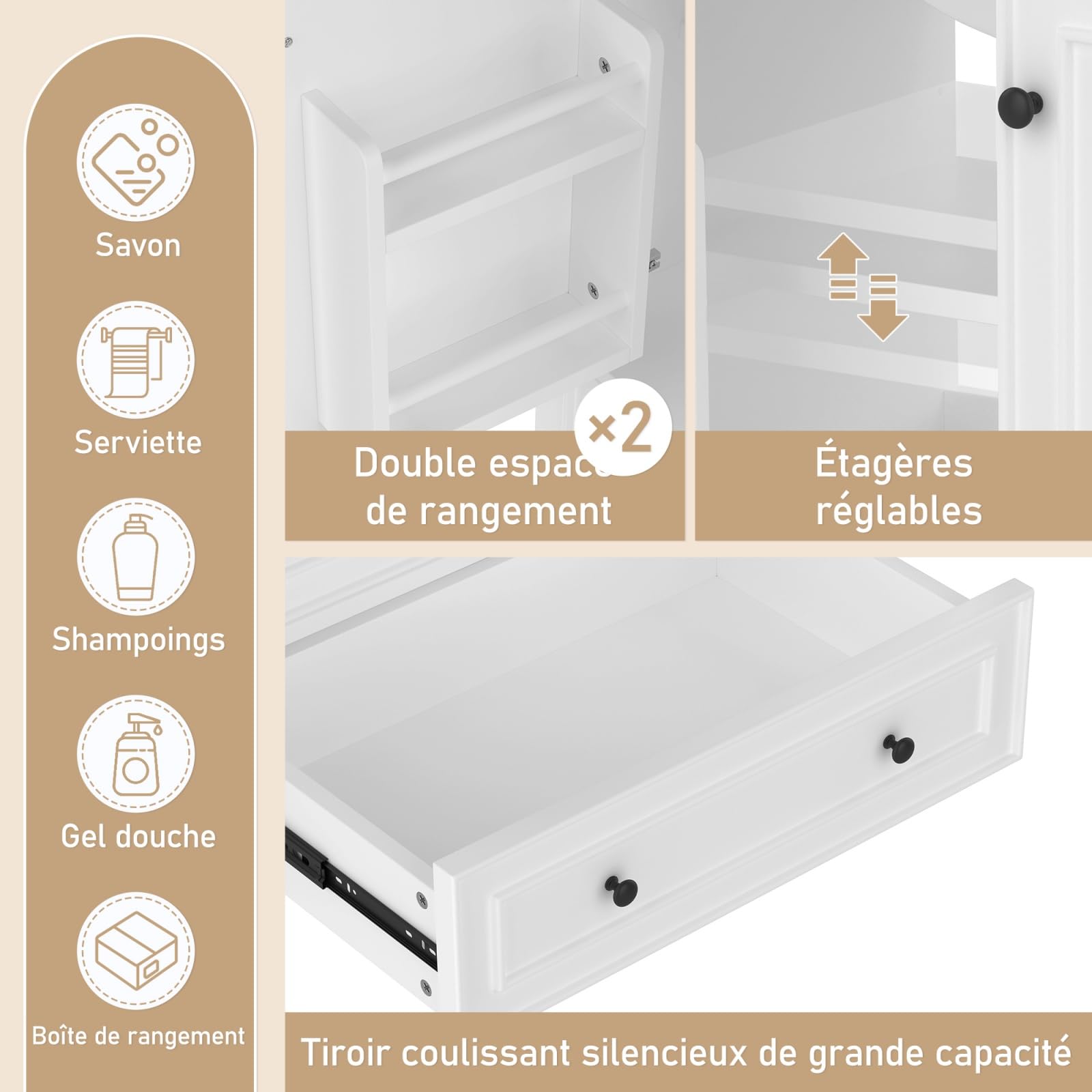 Mobile sottolavello, mobile da bagno con lavabo in ceramica incorporata, mobile portaoggetti con 2 ante e cassetti, gambe in legno massello, design moderno (bianco)
