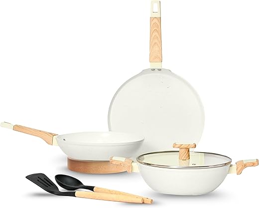 Kreme Ceracook Ceramic Coated Granite Cookware Gift Set 3pcs, Frying Pan, Kadai, Tawa, 2X Spatulas, ISI Certified, Forged Aluminium, Low-Oil…