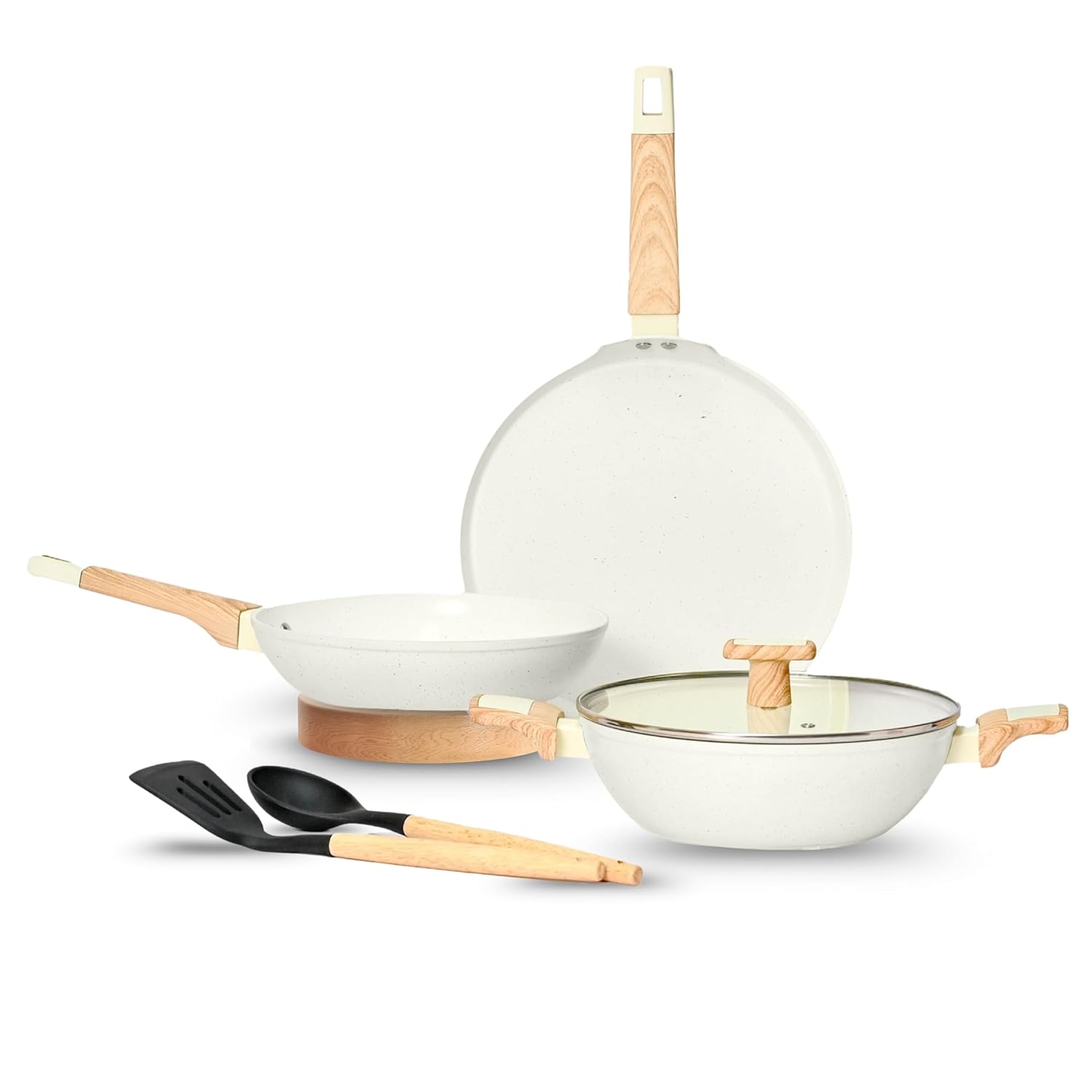Kreme Ceracook Granite Ceramic Cookware Set of 3pcs| Forged Aluminium Body| Ceramic Nonstick| Gas & Induction Compatible| ISI Certified | Taffeta Ivory
