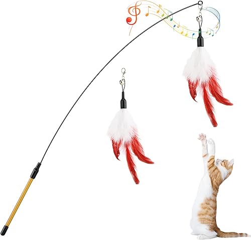 Miniatura 12 de Pawaboo Juguete de plumas para gatos, varita de plumas interactiva, atrapa gatos con plumas voladoras con varita extra larga de 34.5 pulgadas