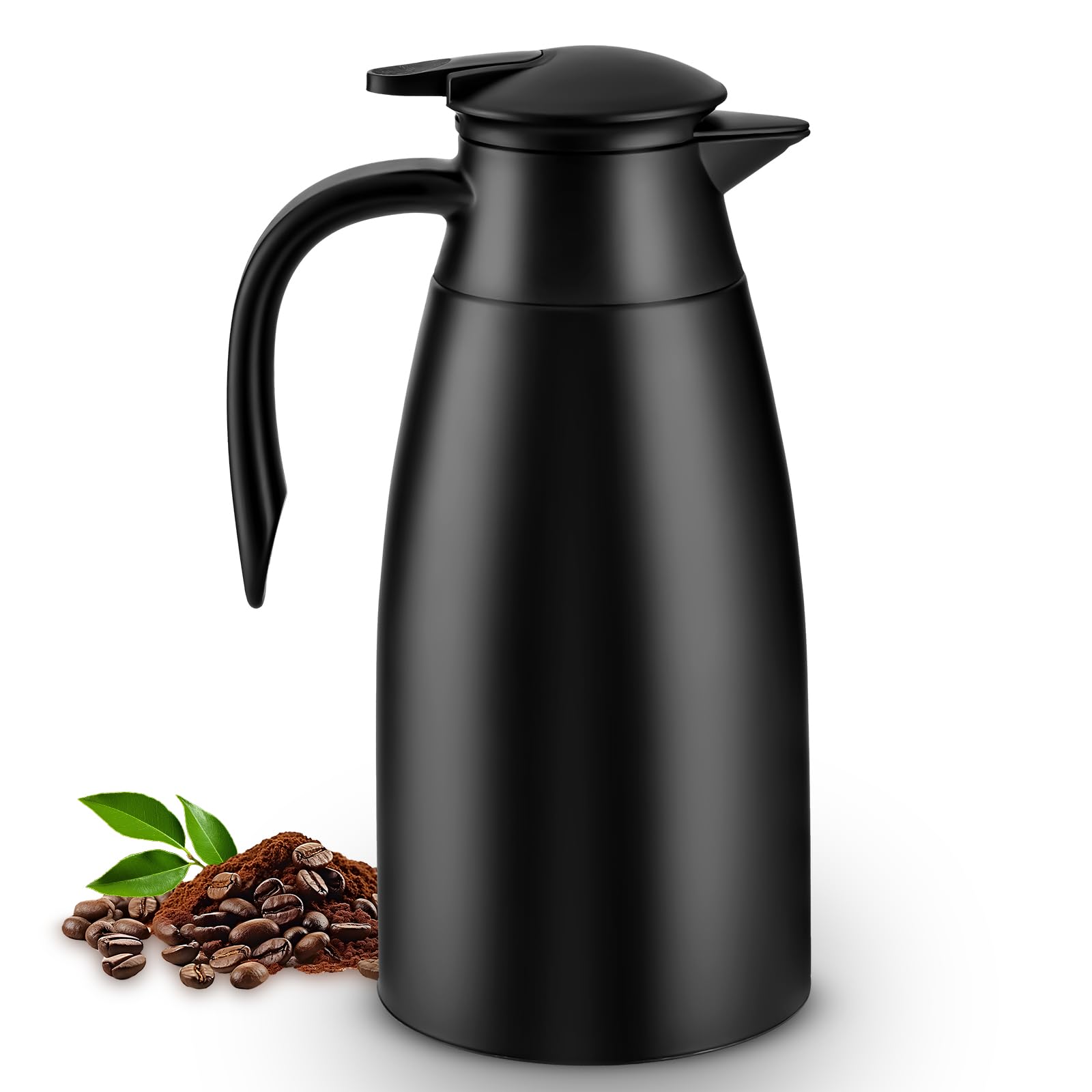Nymblis 2L Thermal Coffee Carafe, Double-Walled Vacuum Insulated Thermal Jug with Press Button Top, Stainless Steel Coffee Pot with Brush for Hot &Cold Drinks, Tea, Milk (Black)