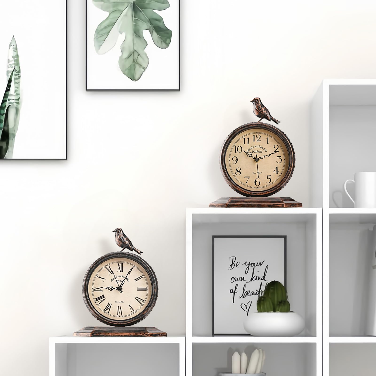 20,3 cm antike Kaminuhren für Wohnzimmer, Retro-Tischuhr, Metall, leise Uhren für Kamin, leicht zu lesen, dekorative Kaminuhren mit Vogelmotiv für Schlafzimmer, Büro, Schreibtisch (arabische