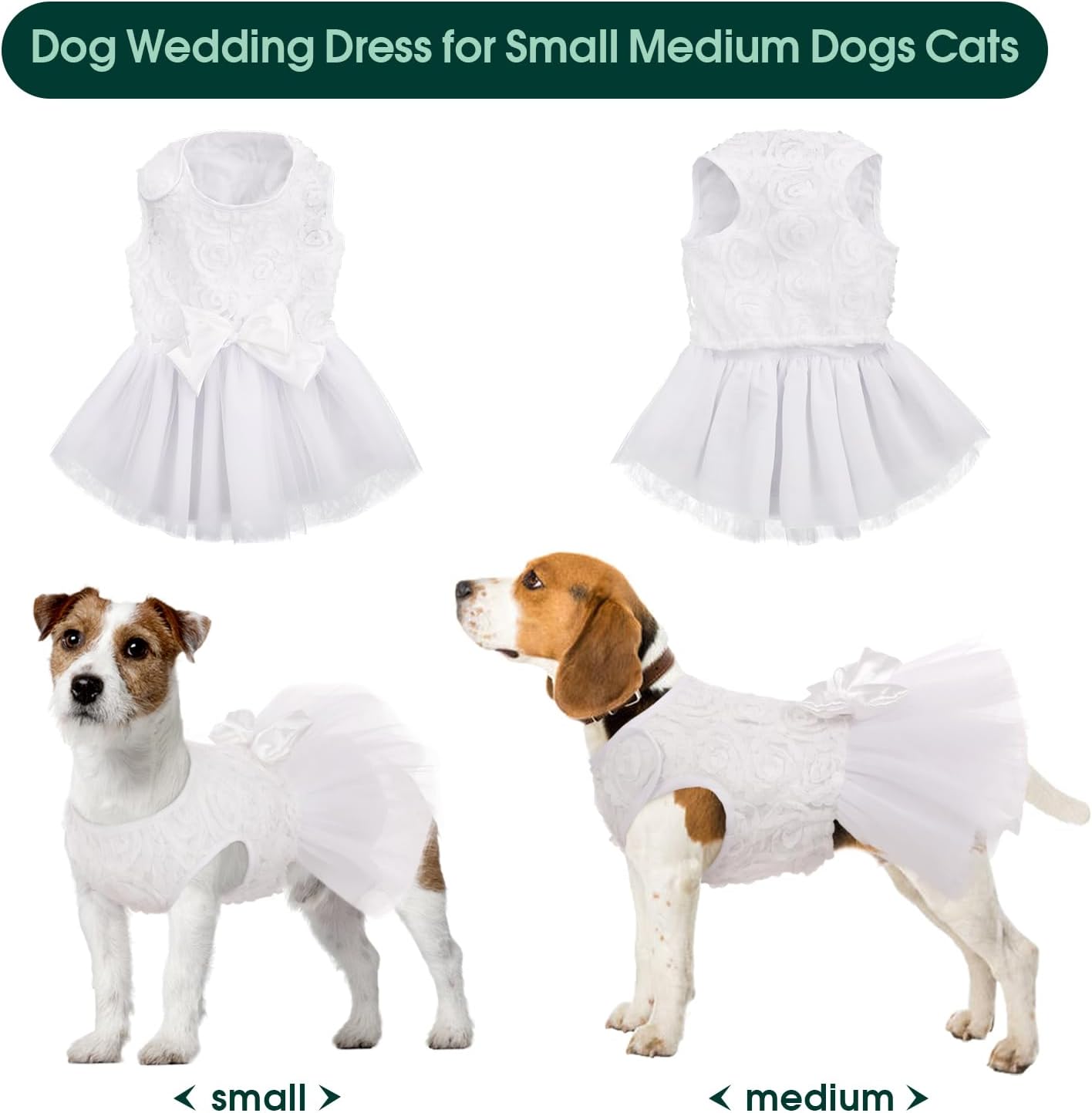 Kuoser Dog Dress Pet Wedding Dresses, Adorable Tutu Shirts for Small Medium Girl Dogs, Puppy White Princess Outfits with Luxury Lace Pearl Bow, Retro Pet Costumes for Birthday, Party, Wedding