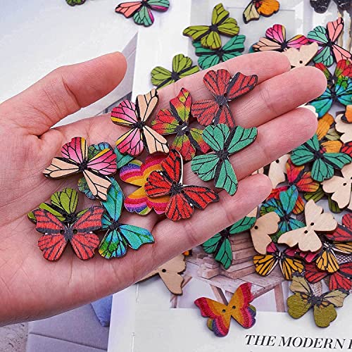 200Pcs Wooden Butterfly Buttons For Crafts, Diy Vintage Wood Butterfly Cute Animal Buttons For Sewing 1 Inch Colorful 2 Holes Small Cartoon Decorative Buttons For Crafts Clothes Accessories #TOP4
