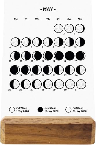 Miniatura 5 de Small Desk Calendar with Lunar Phases for 2024, Moon Calendar with Wooden Base, Dark Color