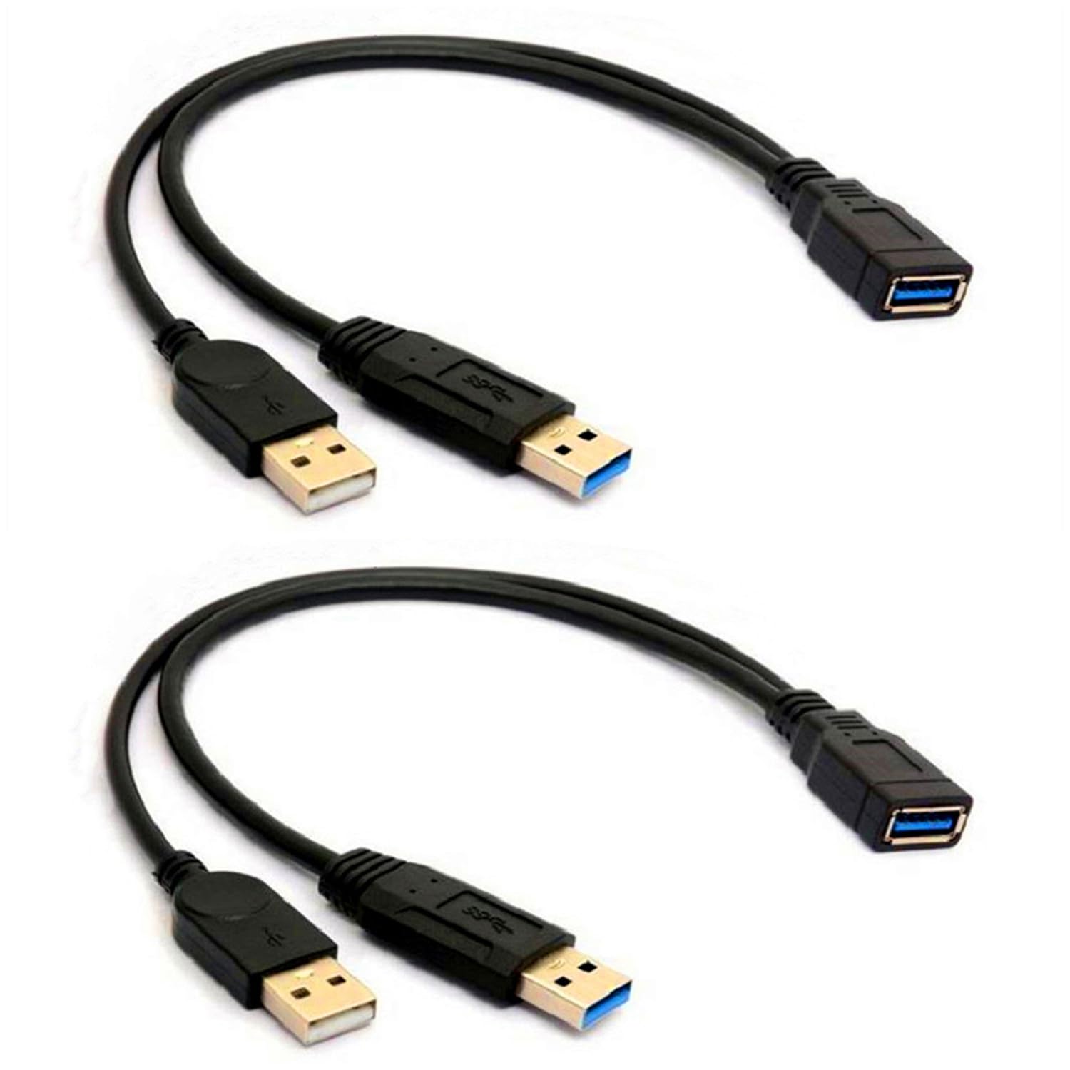 ALINNA Lot de 2 câbles d'extension USB 3.0 femelle vers double USB mâle pour disque dur mobile 2,5" Noir