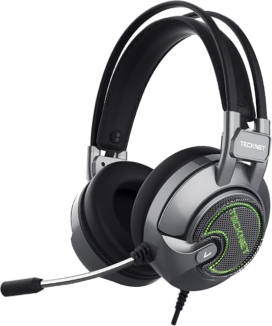 TECKNET USB PC Gaming Headset, 7.1 USB Surround Sound Headphones Headband, Noise Cancelling Microphone and Volume Control, Green LED Lighting, for PC Computer Laptop