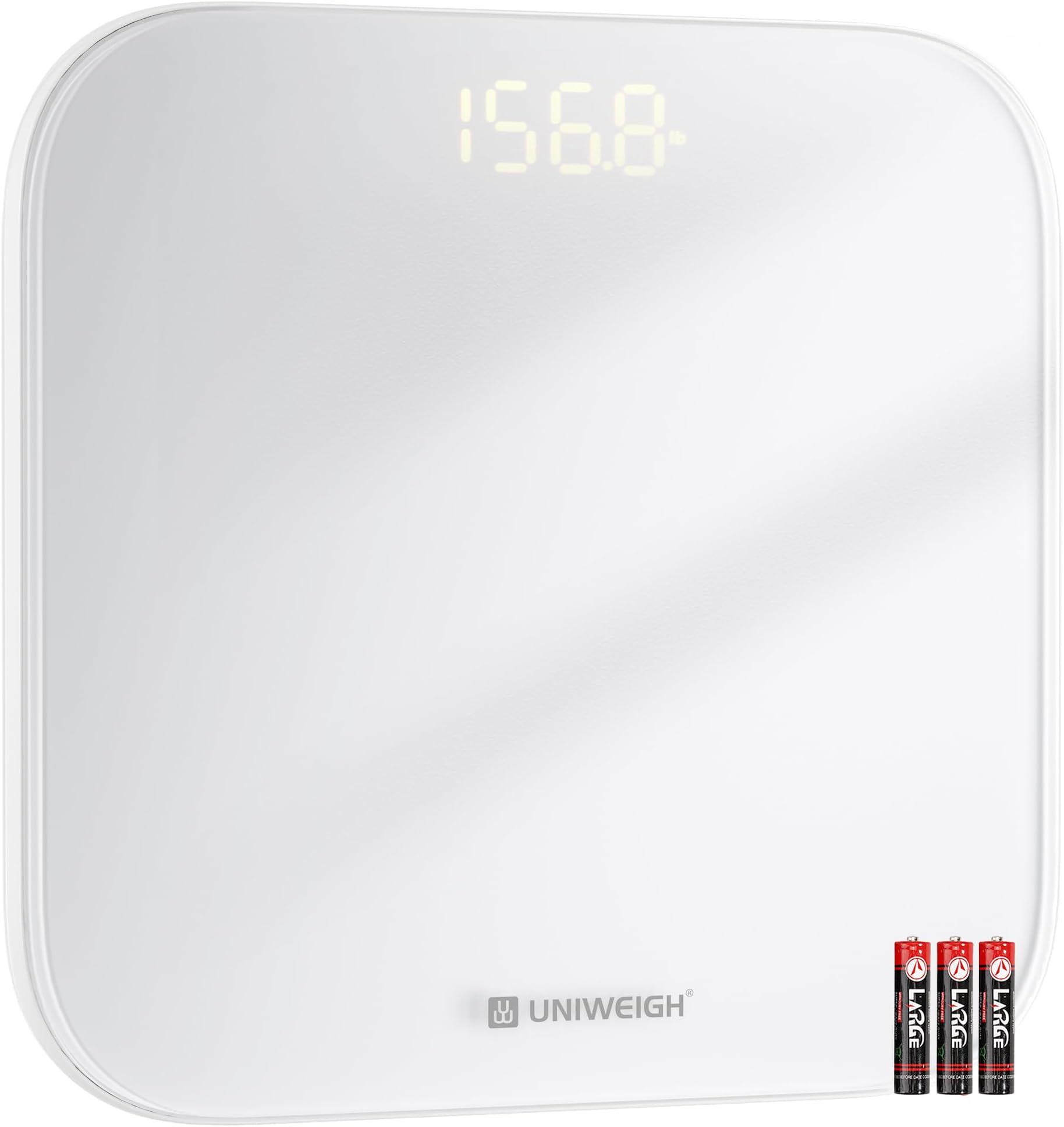 – UNIWEIGH Digital Bathroom Scale for Body Weight,Highly Accurate Weight Scale up to 400lbs/180kg,Compact body scales with Sturdy Tempered Glass,LED Display,Step-on,3 Units and Includes batteries,White