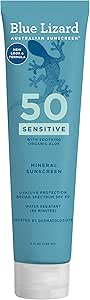 BLUE LIZARD Sensitive Mineral Sunscreen with Zinc Oxide 50+ Water Resistant UVAUVB Protection with Smart Cap Technology Fragrance Free, Sensitve, SPF 50 - - Tube, Unscented, 5 Fl Oz