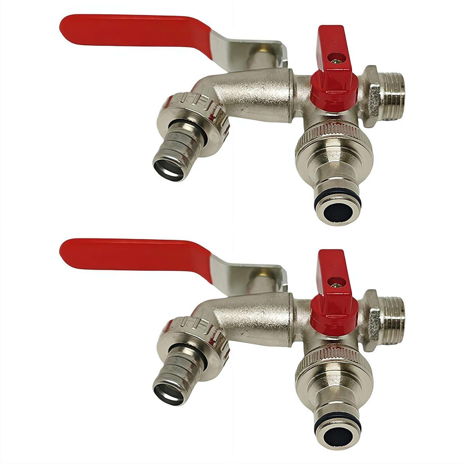 Carroterr Double Outside Tap Kit, 90 Degree Angle Double Valve Brass Water Tap, Double Outlet Garden Tap, 1/2" Red Handle Faucet, Universal Water Tap for Garden, Household Industry