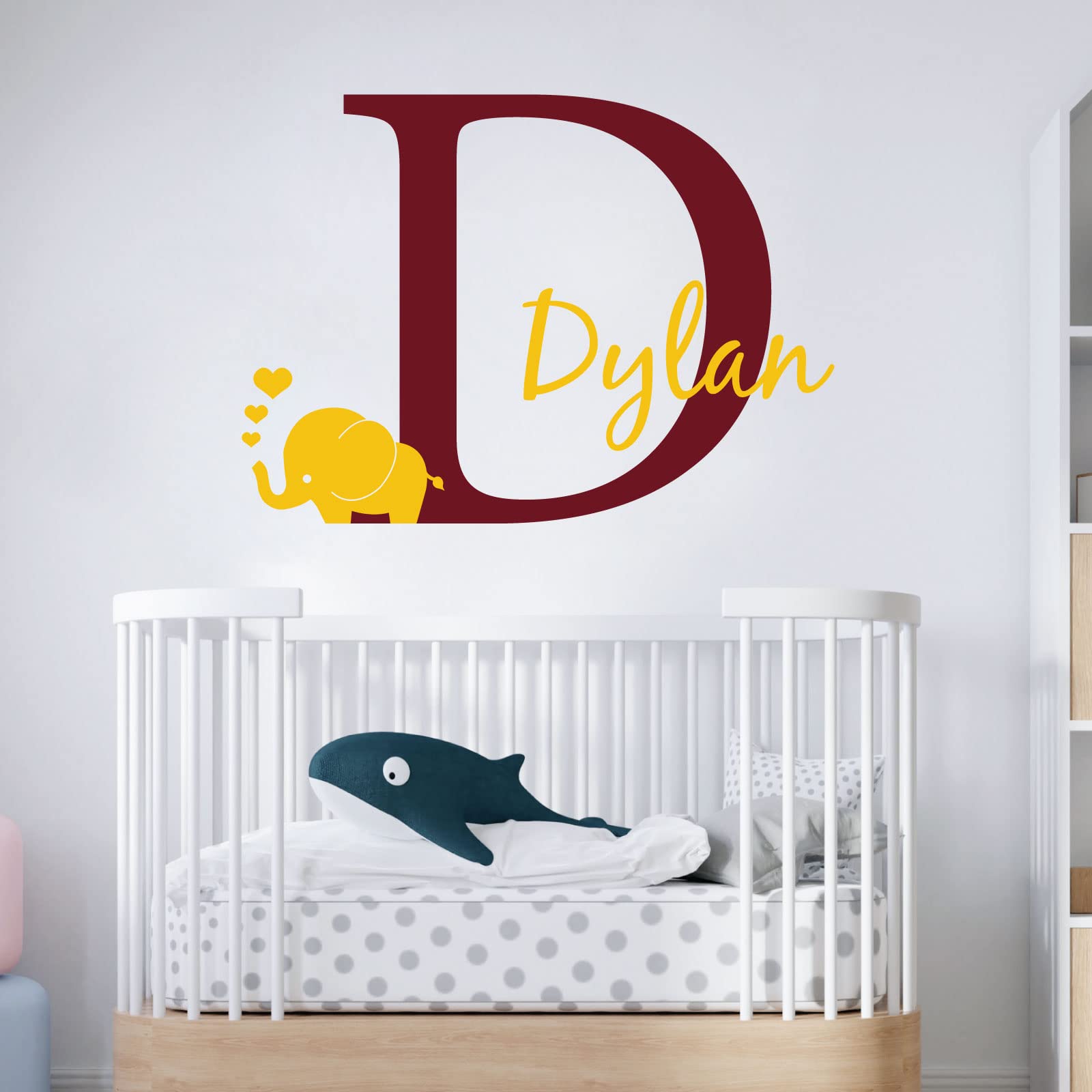 Personalised Baby Girl/Boy Name with Initial Letter and Baby Elephant, Hearts - 2 Colours [Large] [Burgundy]