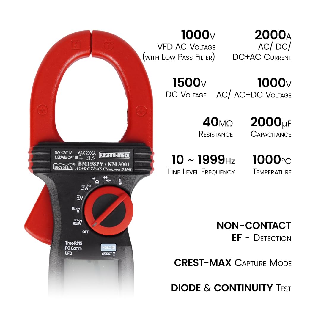 KUSAM-MECO AC/DC TRMS Clamp-On Multimeter with VFD, EF-Detection, PC Interface For Solar Application 1