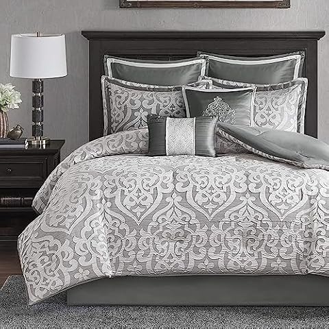 Madison Park Odette Cozy Comforter Set Jacquard Damask Medallion Design - Modern All Season, Down Alternative Bedding, Shams, Decorative Pillows, King(104 in x 92 in), Silver 8 Piece Cover