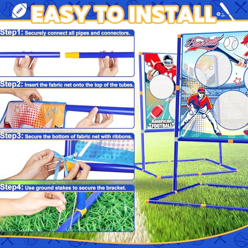 2-in-1 Football & Baseball Toss Target Games for Kids 3+, 3-Hole Double-Sided Strike Zone with T Ball Set and Ball Launcher for Toddlers, Indoor Outdoor Toys Backyard Sport Gifts for Boys 3-5 4-8