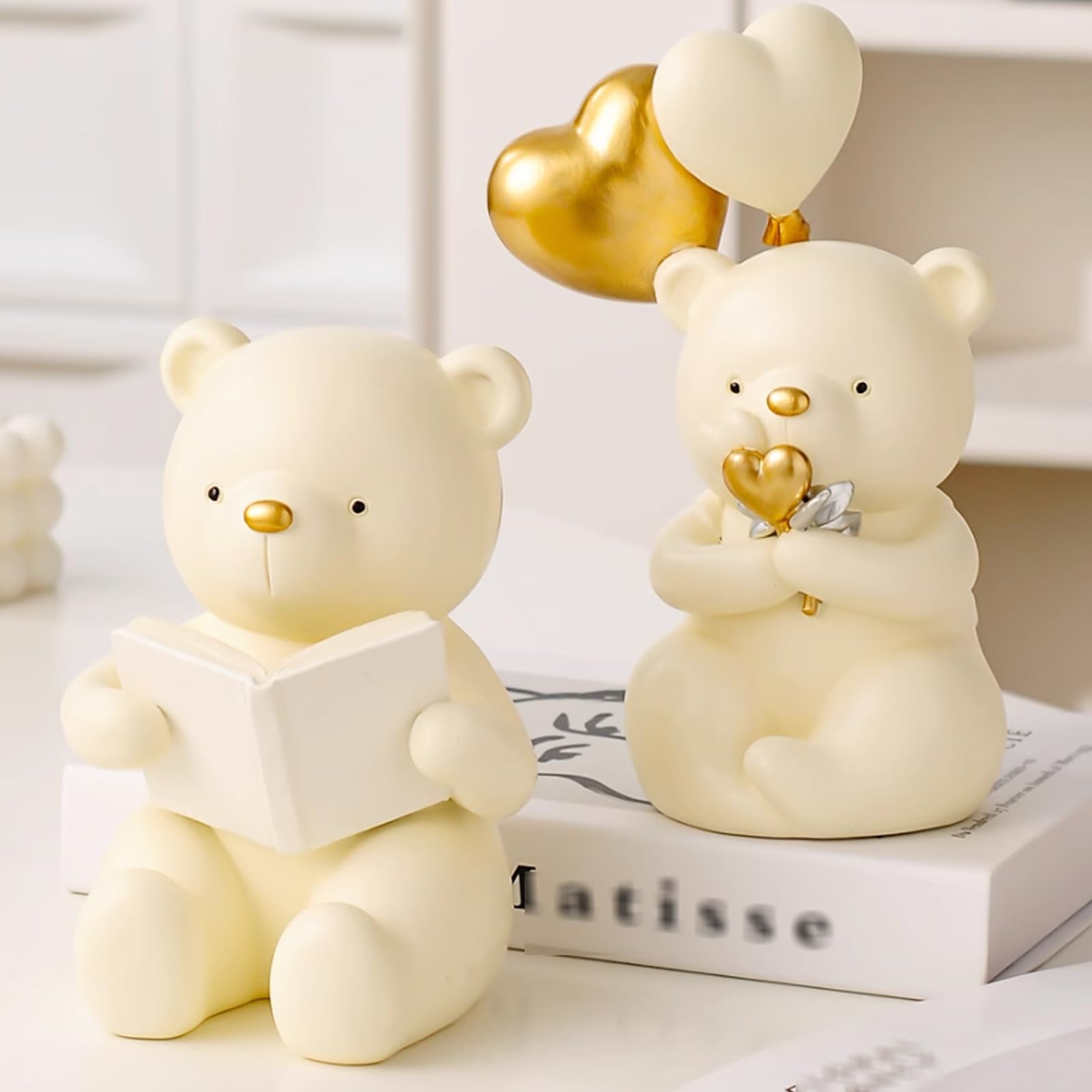 Sujetalibros decorativos de resina con forma de oso para libros, 1 par de estatuas de oso, soporte de estante para estantes, hogar, oficina, inauguración de la casa, biblioteca