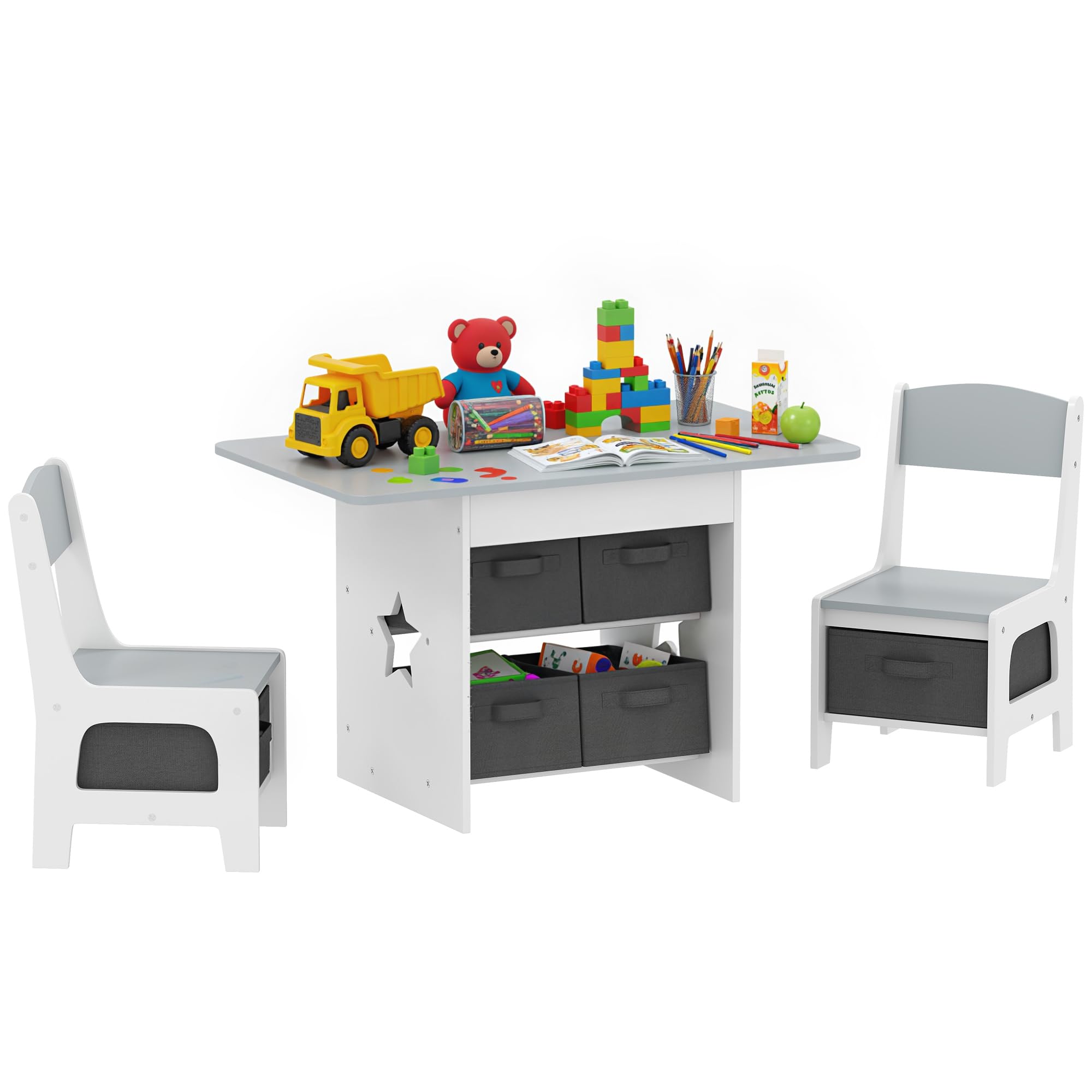 AIYAPLAY Table Enfant avec Chaise, Ensemble Table et 2 chaises Enfant pour Dessiner, Jouer, étudier avec 6 tiroirs Amovibles, pour Fille garçon 3-8 Ans, Gris Clair