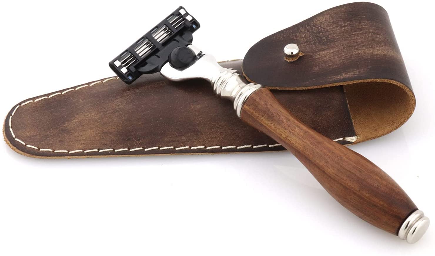 Jag Shaving Rasierset - Nachhaltige 4-teiliges Rasierset aus Holz - Super Dachshaar Rasierpinsel - 3 Rasierklingen Rasierhobel - Rasierständer - Ledertasche für Rasierhobel