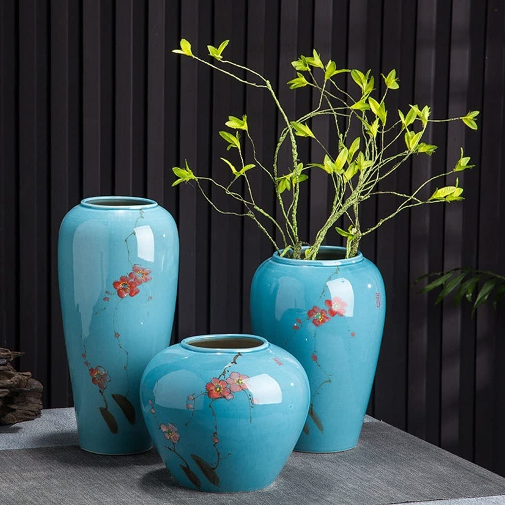 Florero Jarrón de cerámica Flor Ciruelo Azul Retro, Conjunto Tres Piezas, Mesa arreglo Flores pintadas, decoración Floral, Maceta, Porcelana China