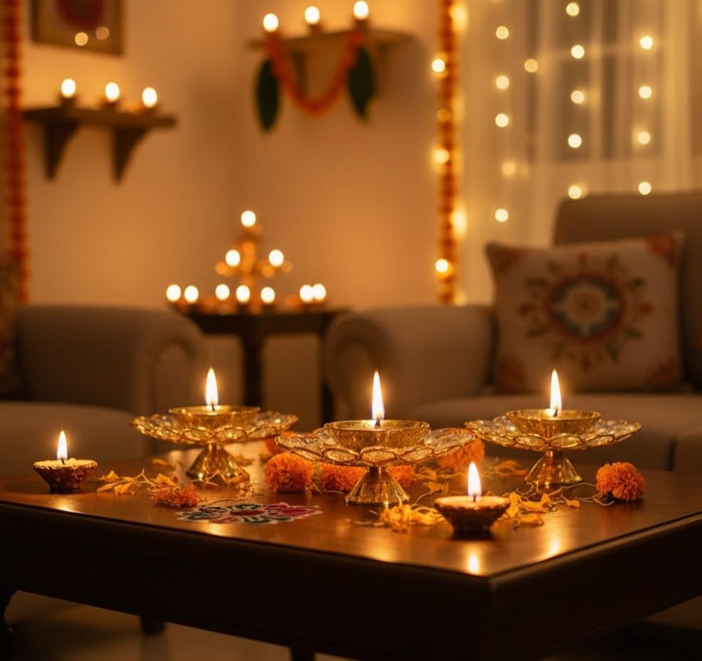 Image of Brass Crystal Diya Set of 2 | Gold Powder-Coated Finish | 3 Inch Height x 3 Inch Diameter | Decorative Metal Oil Lamps | Festive and Puja Decor