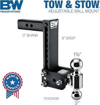 B&W Trailer Hitches Tow & Stow Adjustable Trailer Hitch Ball Mount - Fits 2 Receiver, Dual Ball (2 x 2-5/16), 9 Drop, 10,000 GTW - TS10043B