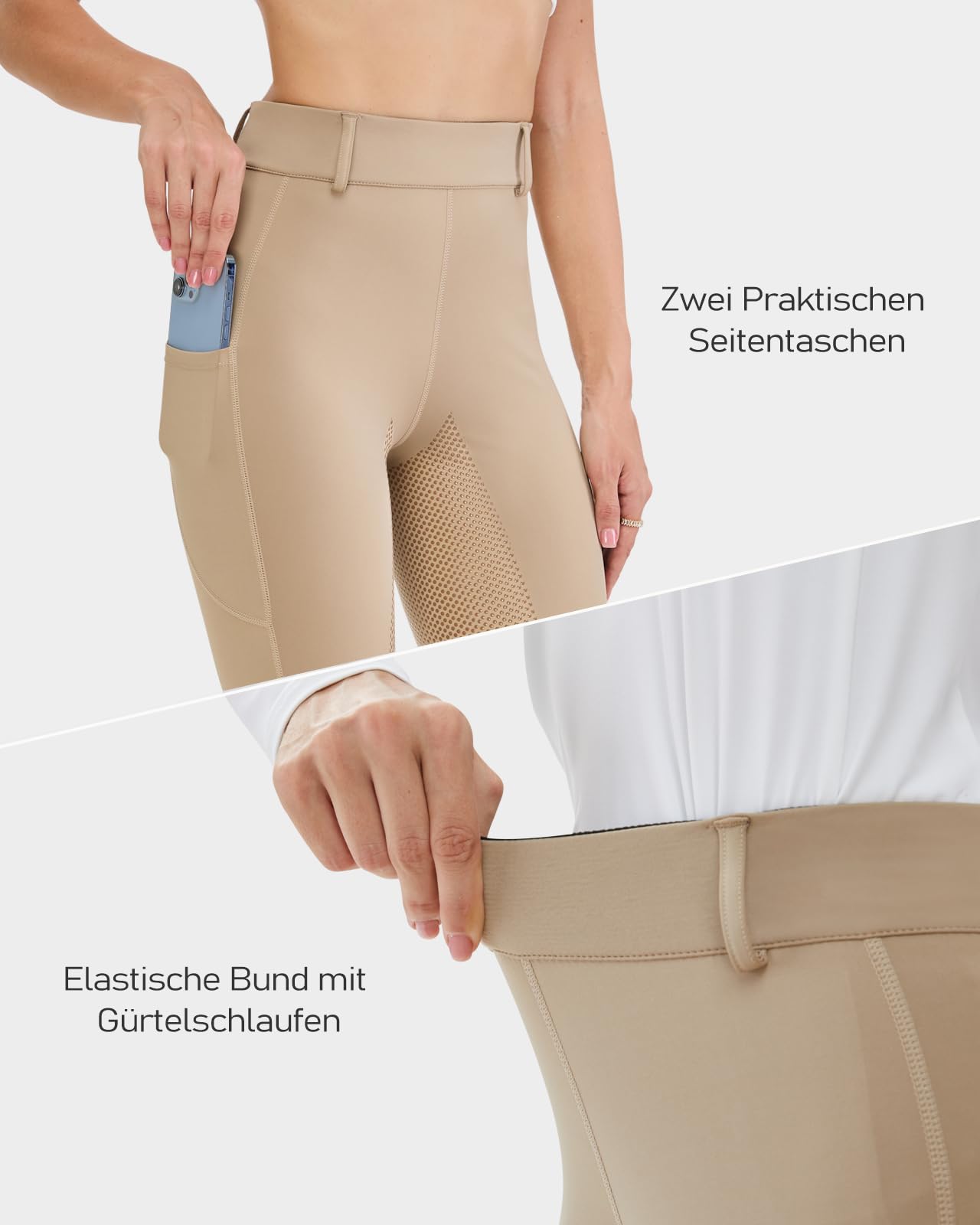 HMILES Leggings da Equitazione da Donna, in Silicone, con Inserti Completi, a Vita Alta, Elasticizzati, da Equitazione, da Donna, con Passante per, Cachi, M