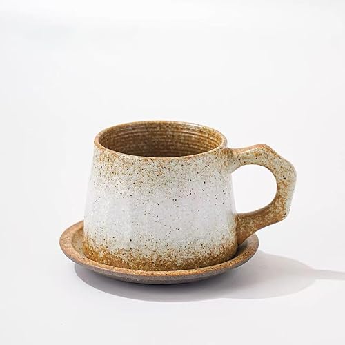 Miniatura 9 de Taza de cerámica para barista de capuchino con platillo de cerámica retro vintage de 10 onzas con platillo – Taza de café de cerámica rústica sin