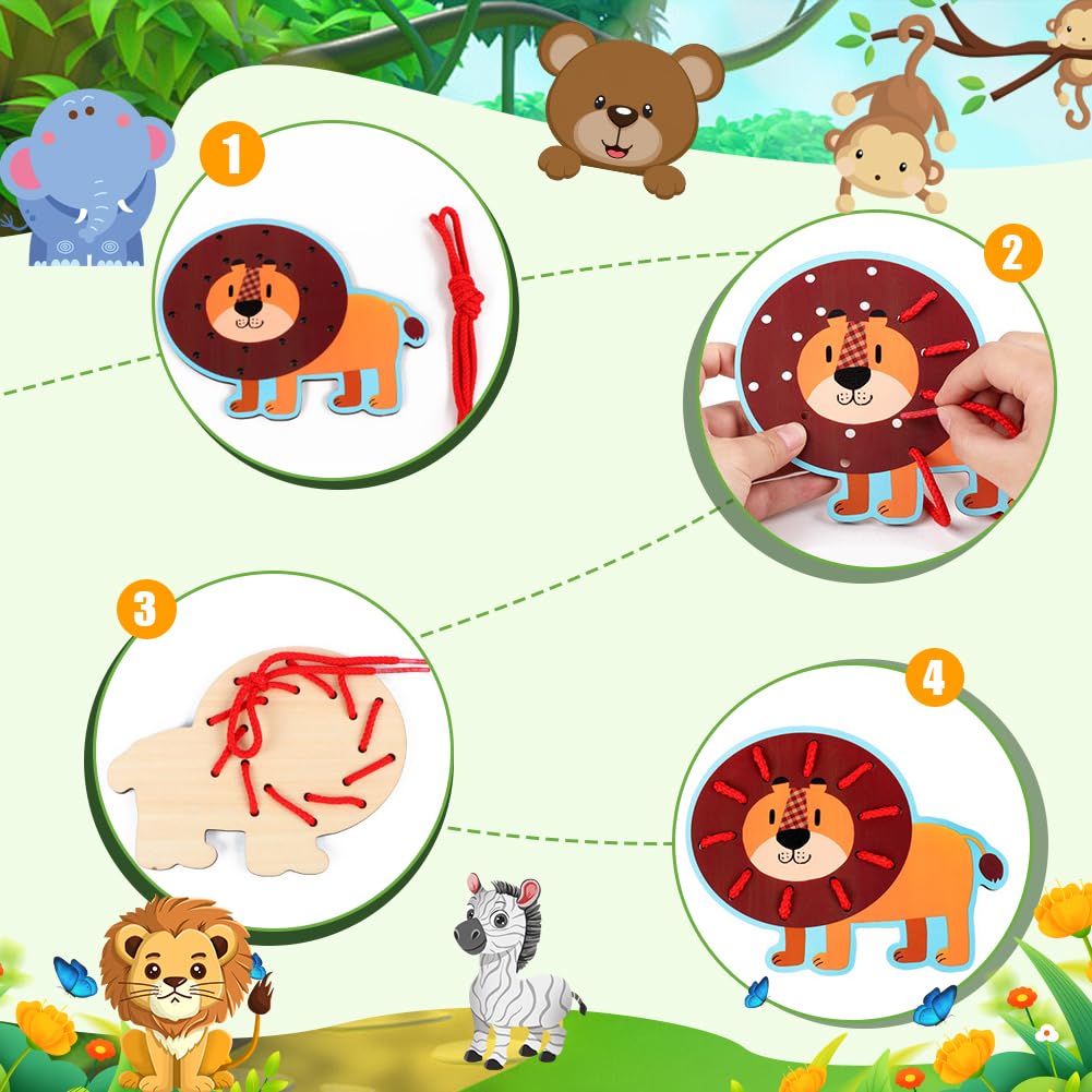 Duroecsain Jeu De Couture Pour Enfants : Cartes à Lacets Animaux En Bois, Jouets Motricité Fine, Voyage Et Cadeau éducatif