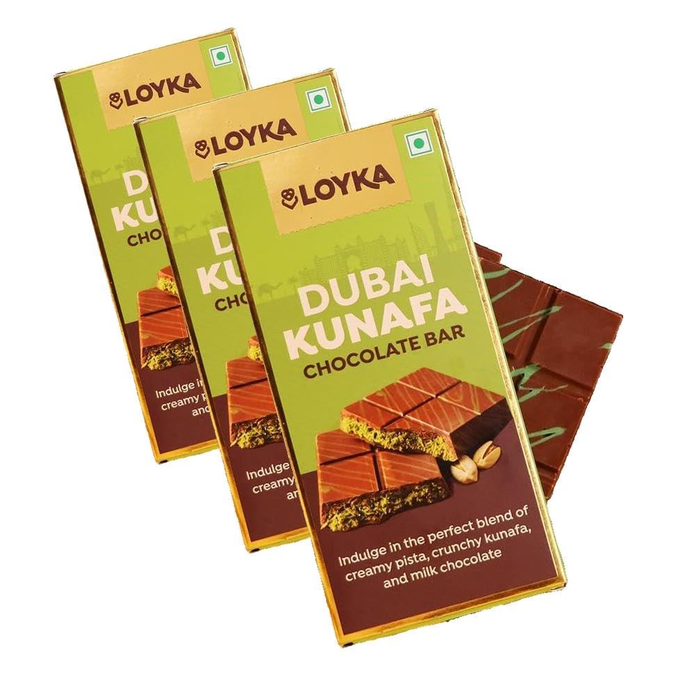 Image of Loyka Dubai Pistachio Kunafa Chocolate Bar, 50% Milk Chocolate, Creamy Pistachio & Crunchy Kunafa, Middle Eastern Sweet, Perfect for Snacking, Gifting & Dessert Lovers - 89gm (Pack of 3)