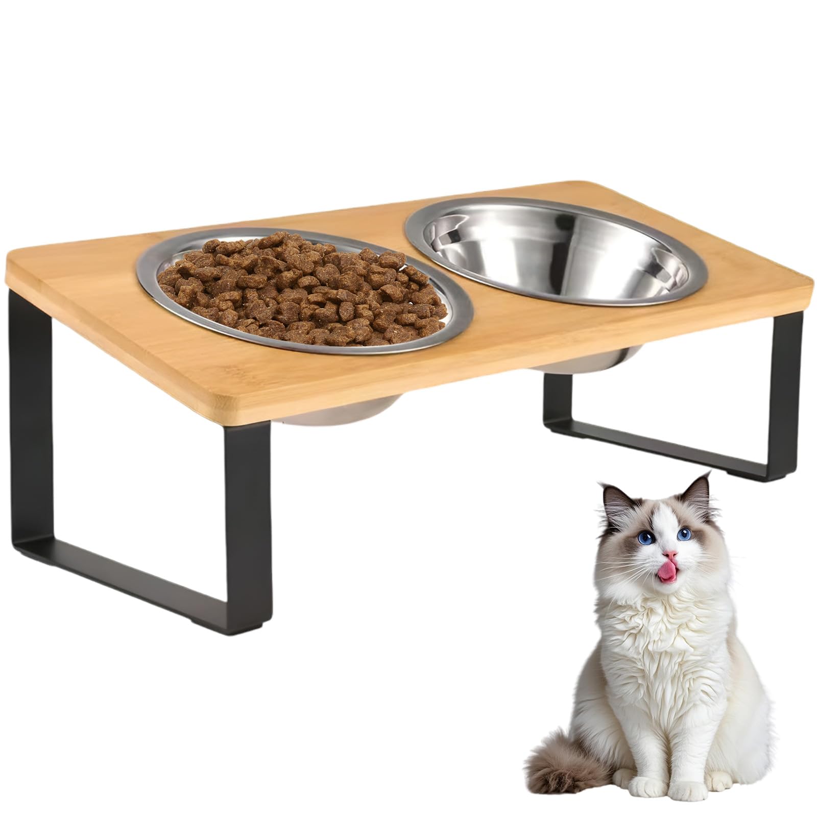 Comedero Gato Elevado con Soporte Bambú & Antideslizante Alfombrilla, Cuencos Perro 250ml Acero Inoxidable Dos, Soporte Madera Inclinado 15º, Comederos para Gatos y Perros Pequeños