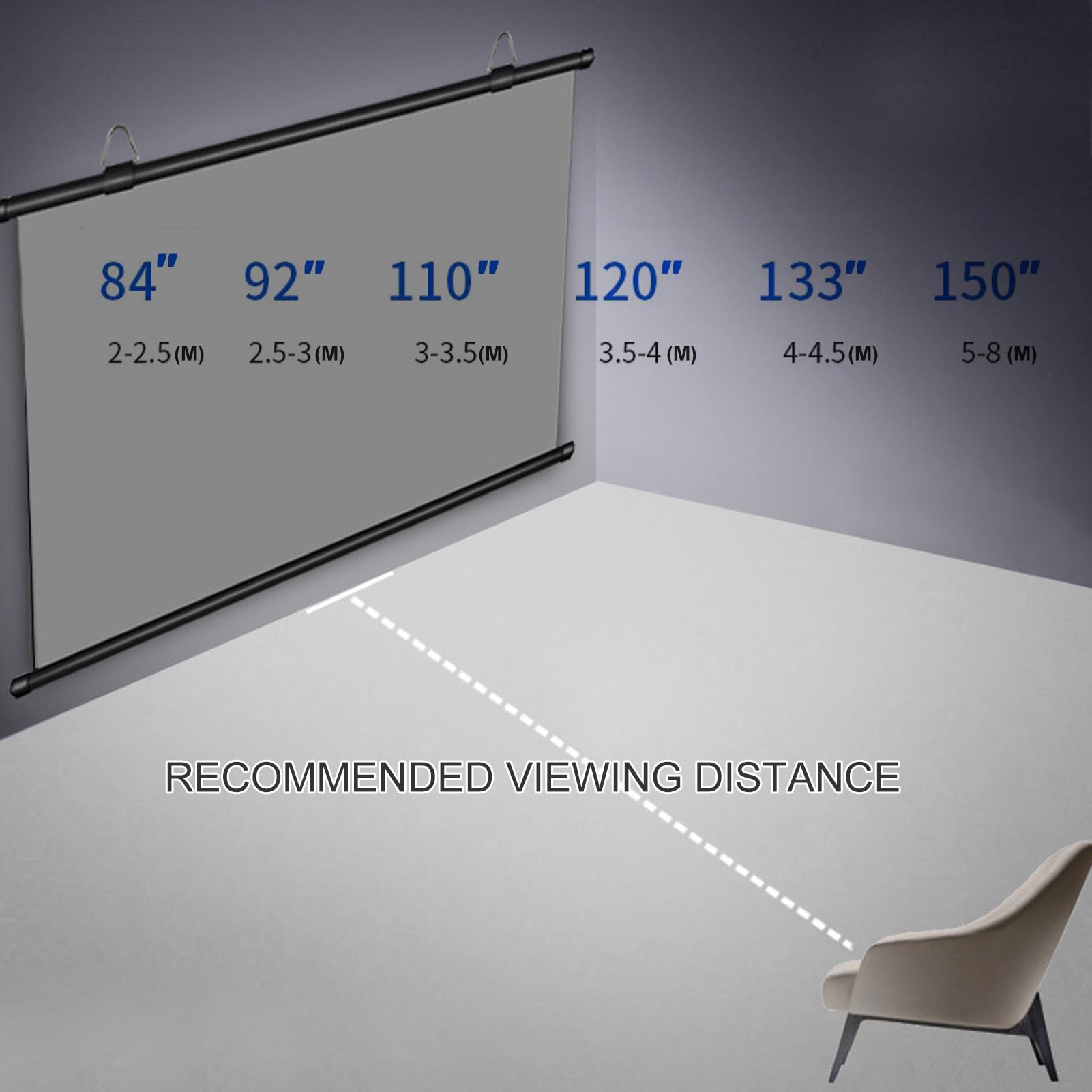 Schermo di Proiezione Portatile con Treppiede, 16:9 4K HD Telo Proiettore Anti Rughe da 60/72/84/92 Pollici, Altezza Regolabile, Borsa per Il Trasporto per Esterni e Interni(84inch)