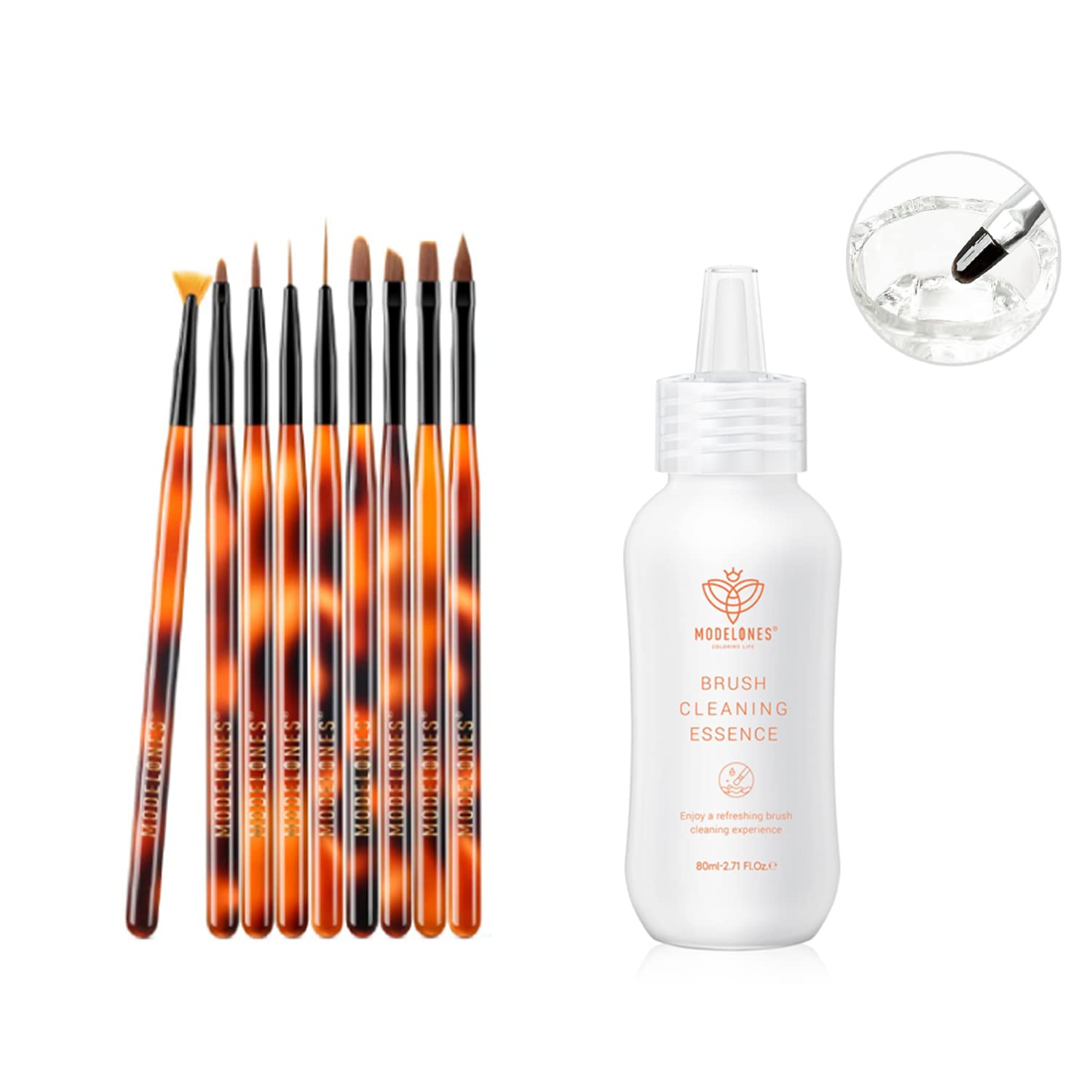 Modelones Nail Art Brushes Set+Nail Brush Cleaner/Essence 80ML : Beauty & Personal Care