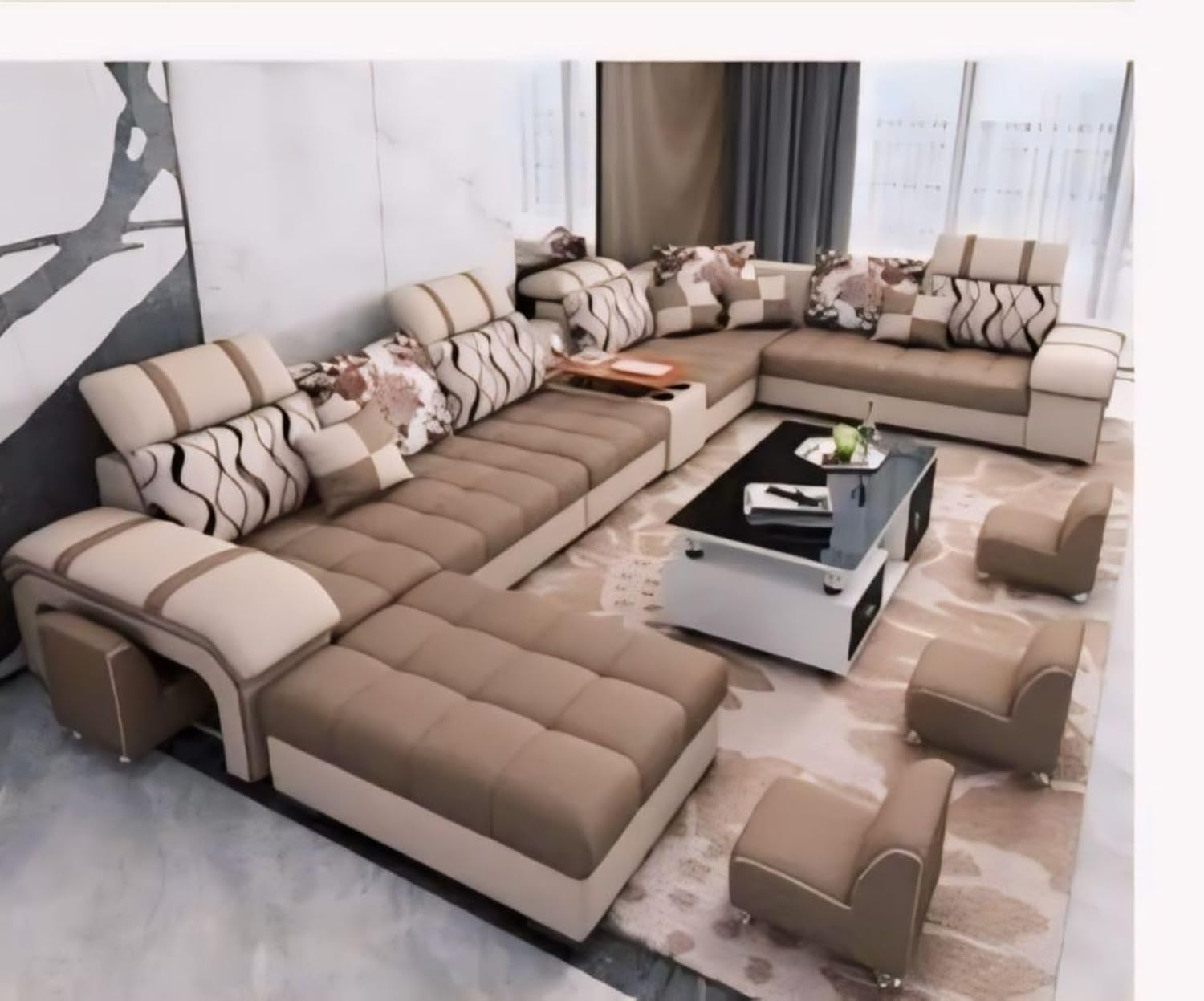 Torque - Galster 12 Seater Sofa Set for Living Room (Left Side, Brown & Beige) | U Shape Sectional Sofa Set with Cup Holder & Storage with 4 Puffy | 1 Years Warranty-image-19