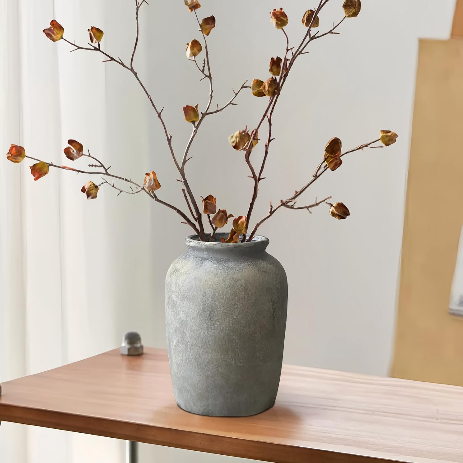 7.95 Inch Farmhouse Ceramic Vase, White Grey Rustic Vases for Living Room & Table Centerpieces, Decorative Ceramic Flower Vases for Shelf & Mantle, Vintage Pottery Vase for Home Decor