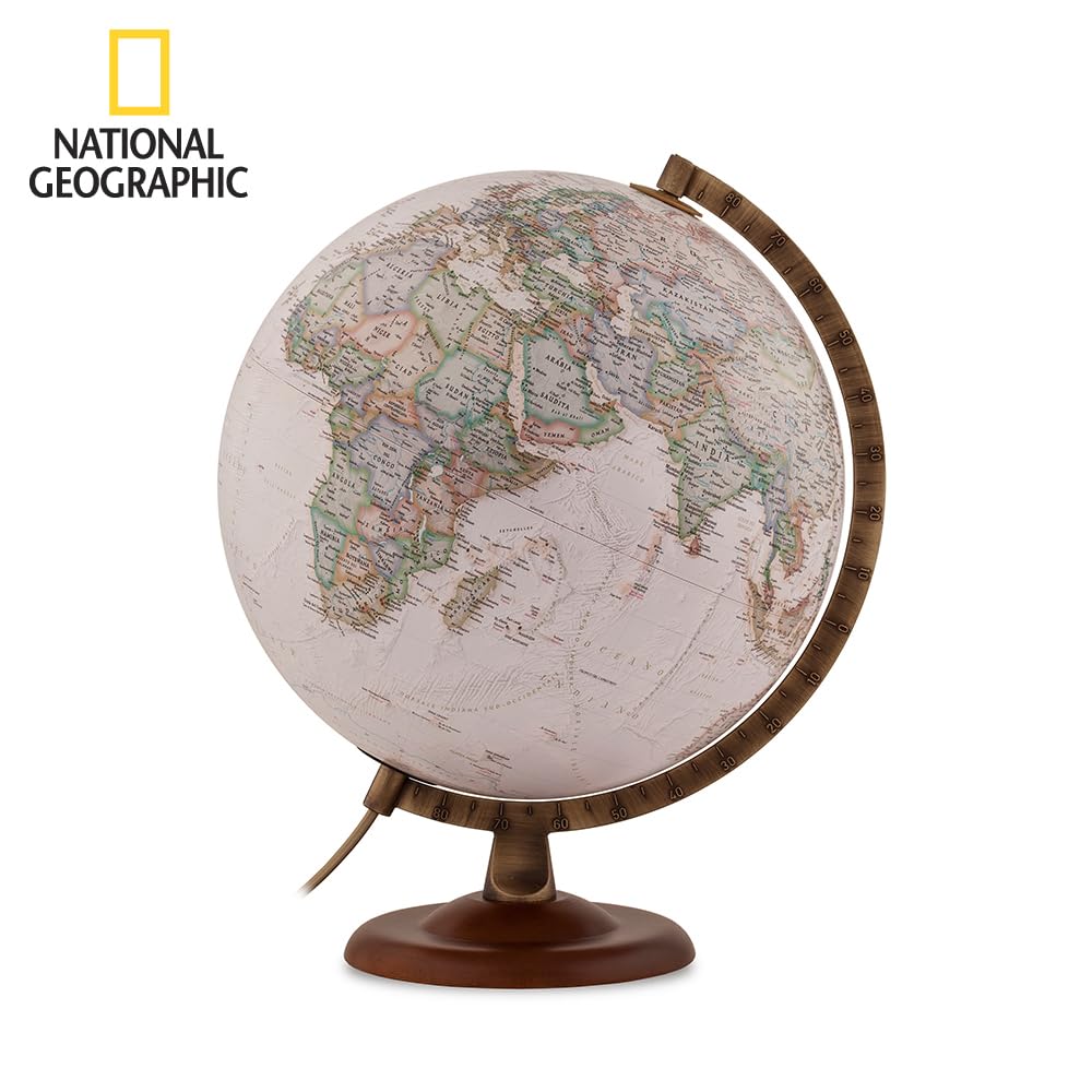Tecnodidattica - Mappamondo National Geographic Gold Executive | Cartografia Fisico-Politica Stile Antico | Luminoso | Base in Legno e Meridiano in Metallo | Testi in Italiano | Diametro 30 cm