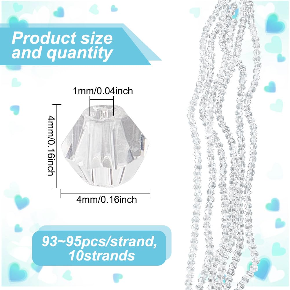 HOBBIESAY 10 Strands 930Pcs Transparent Glass Bicone Bead Strand 4mm Faceted Bead White Crystal Beads Sparkly Bicone Loose Spacer Beads for Bracelets Necklaces Making Hole: 1mm - Image 2