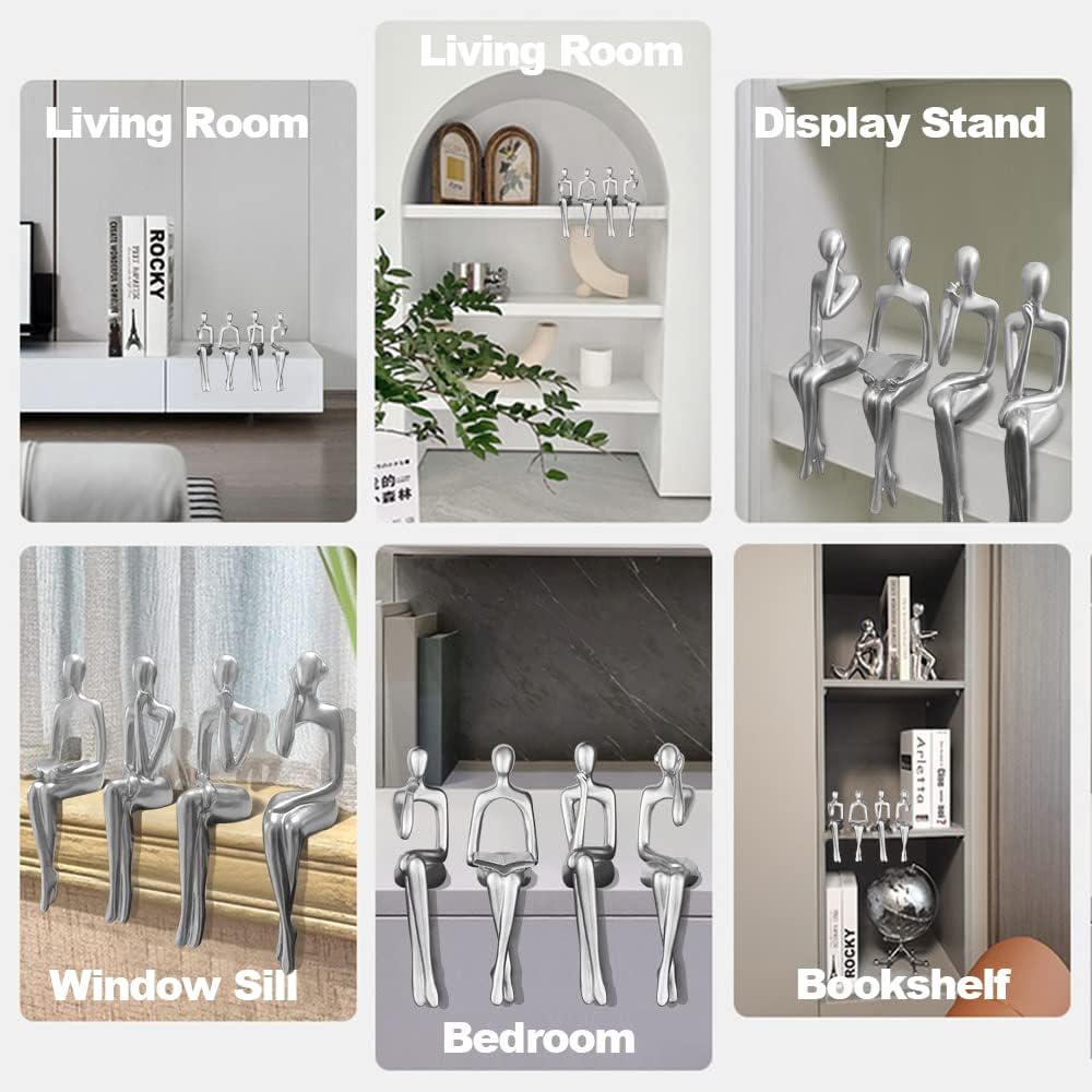 Silver Accent Decor Thinker Statuem, Statues for Home Decorations Abstract Sitting Thinker Desk Sculpture Table Decor 4 Piece (Silver)