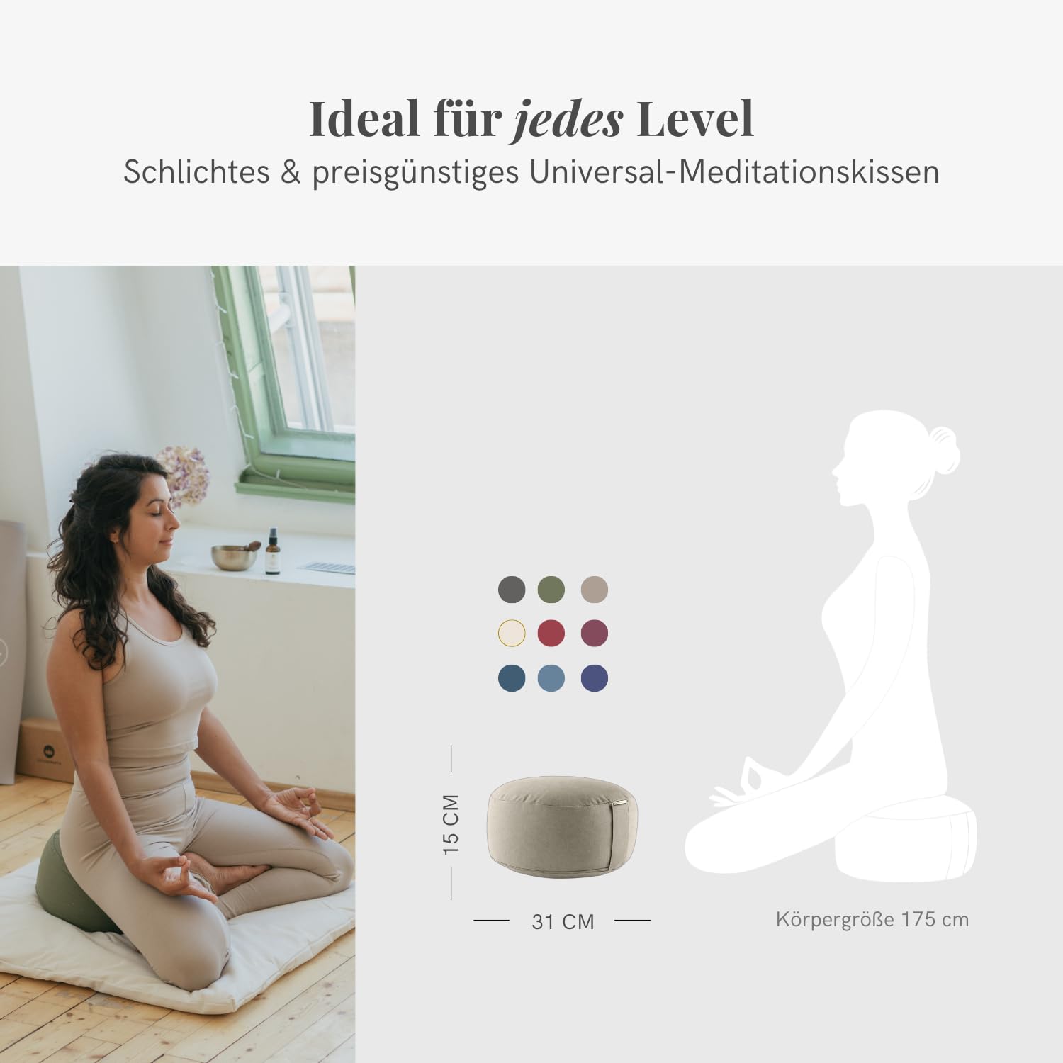 Lotuscrafts® Meditationskissen mit 15 cm Sitzhöhe, Yoga Kissen mit Dinkelfüllung, Yogakissen Rund, Bodenkissen Rund, Yogakissen Meditationskissen, Yogakissen Bezug waschbar, GOTS Zertifiziert