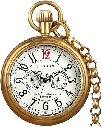VIGOROSO Mens Vintage Full Copper Hand Wind Mechanical Second & 24 Hour Sub Dial Pocket Watch with Box, Gold & Arabic
