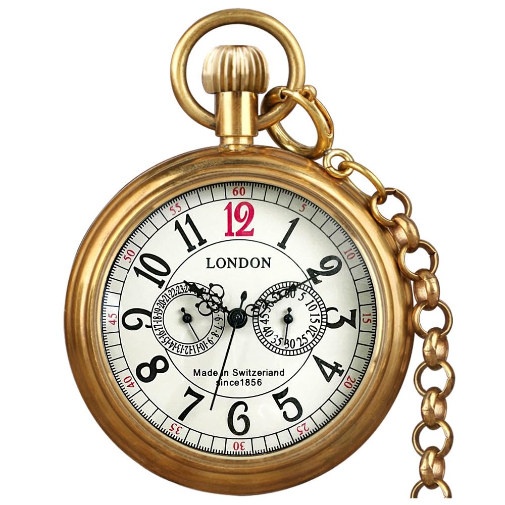 Men's Vintage Full Copper Hand-Wind Mechanical Second&24hours Sub-dials Pocket Watch in Box-image-21
