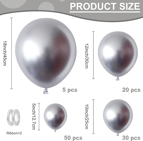 Miniatura 2 de Globos metálicos plateados de diferentes tamaños, 105 piezas de guirnalda de globos plateados cromados de 18, 12, 10 y 5 pulgadas, globos metálicos