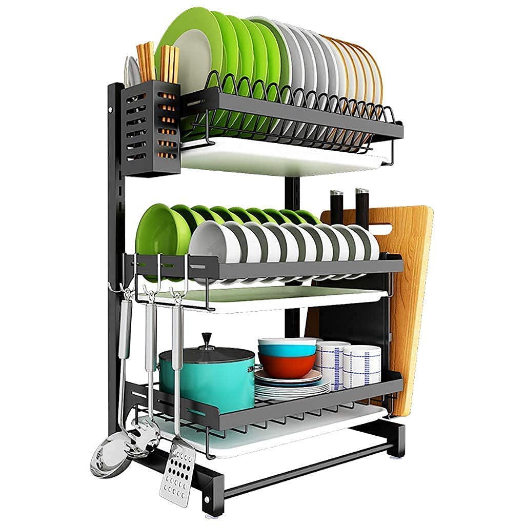 OGMOYT Dish Rack 3 Tier Black 201 Stainless Steel Kitchen Countertop Dish Drying Rack Drain Rack Tableware Drainer Organizer 41 * 28 * 62Cm Multifunction