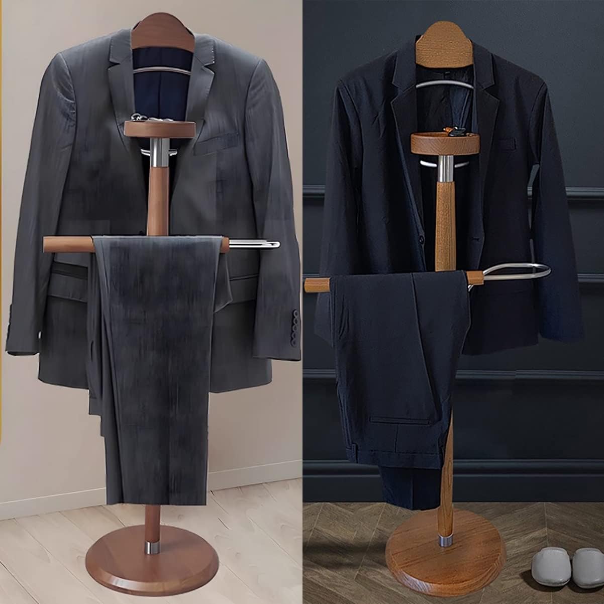 Portable Garment Rack Wood Clothes Rack Suit Valet Stand Wardrobe with Clothes Hanger and Pants Rail Tie & Belt and Shoe Rack,Brown-35x138cm