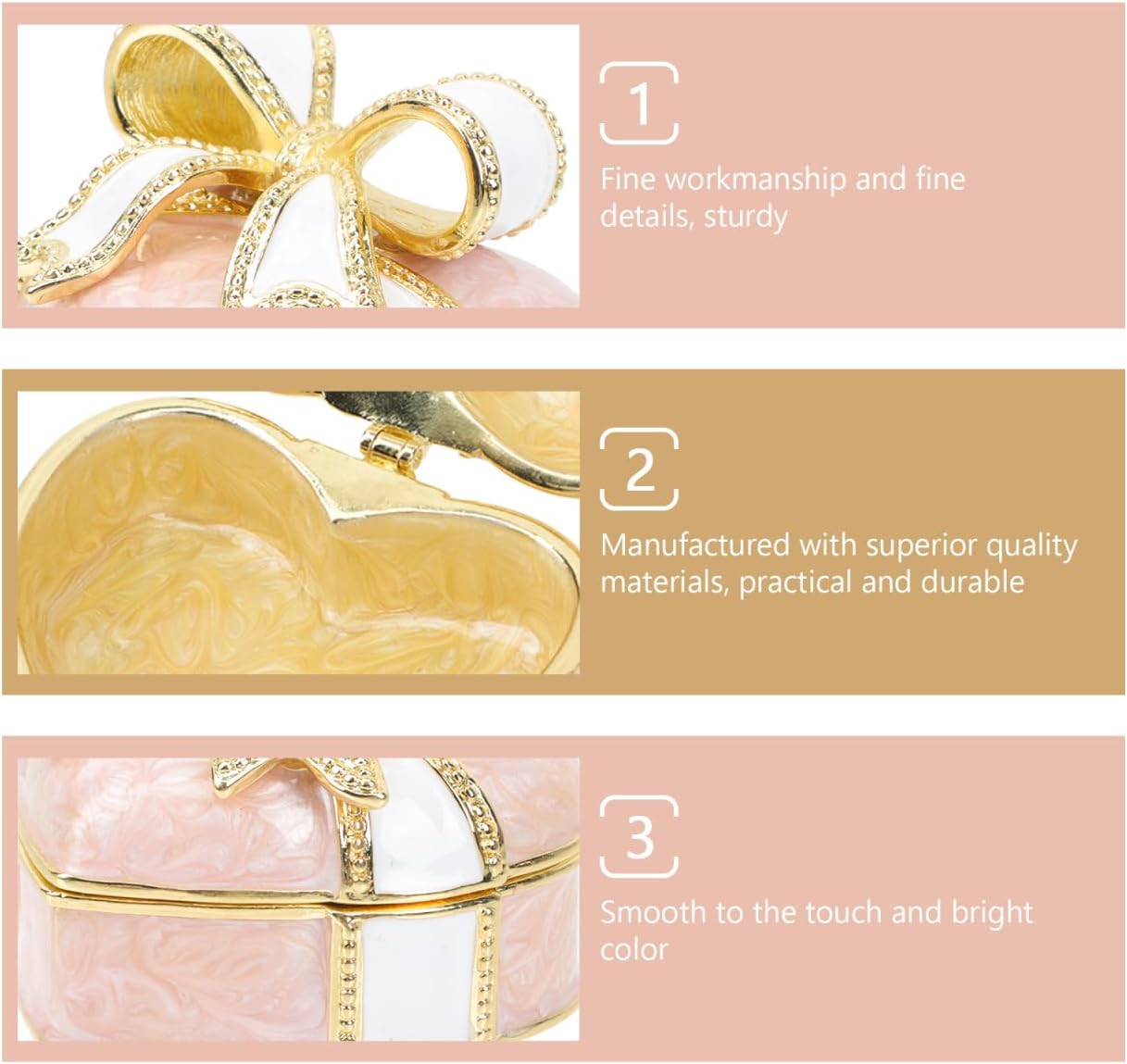 Heart Shape Jewelry Box, Enamel Rhinestones Bow-knot Jewelry Trinket Box, Love Heart Bow-knot Pink Ring Holder for Mother