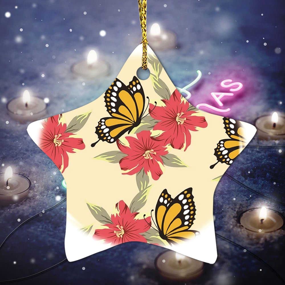 Décoration de Noël en céramique à suspendre - Papillon et fleur - Décoration de Noël - Décoration de Noël - Sans parfum - Pour le premier Noël