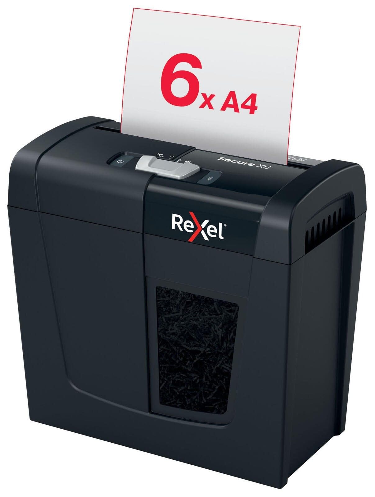 Rexel 2020122 Secure X6 - Destructeur de Documents Coupe Croisée Sécurité P4, Capacité 7-​6 Feuilles (70-​80 g/​m²), Corbeille 10 litres Amovible